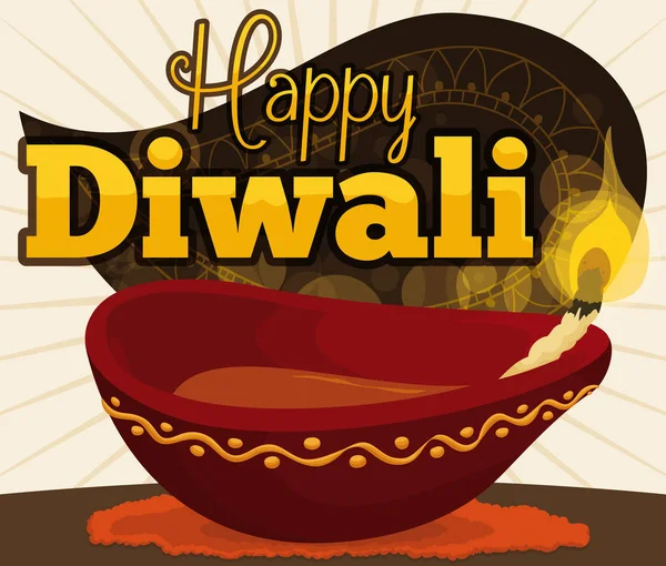 Décoré Diya sur sable coloré pour Rangoli à Diwali, Illustration vectorielle — Image vectorielle