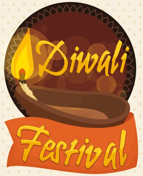 Beleuchtetes Diya mit Etikett und Grußband zum Diwali-Fest, Vektorillustration — Stockvektor