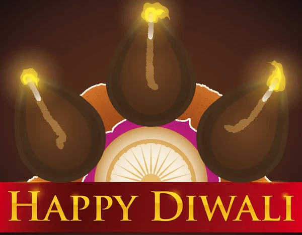 Diyas πάνω από Rangoli σχεδιασμό και χαιρετισμό κορδέλα για Diwali, διανυσματικά εικονογράφηση — Διανυσματικό Αρχείο