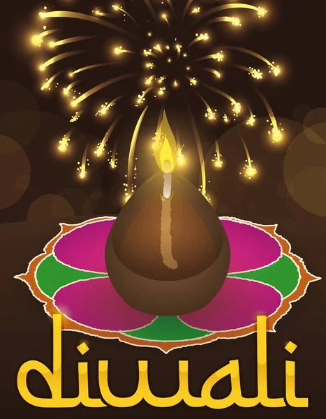 Diya πάνω Rangoli μέσα σε μια νύχτα με τα πυροτεχνήματα του Diwali, εικονογράφηση διάνυσμα — Διανυσματικό Αρχείο