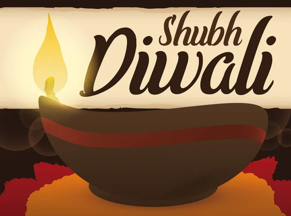 Lâmpada Diya tradicional sobre Rangoli e rolagem para Diwali, ilustração vetorial —  Vetores de Stock