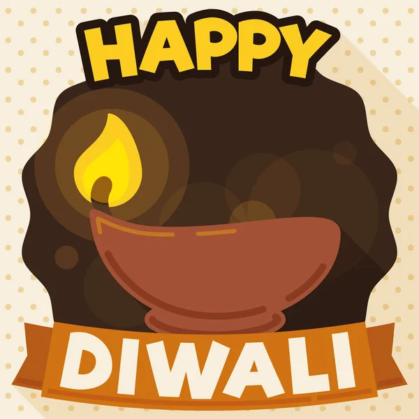 Lámpara y cinta Diya iluminadas en estilo plano para Diwali, ilustración vectorial — Vector de stock