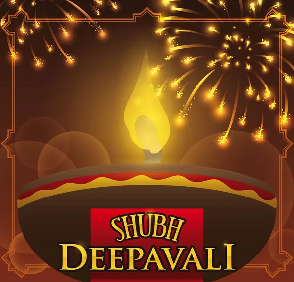 Design festivo para Diwali com lâmpada Diya e fogos de artifício, ilustração vetorial — Vetor de Stock