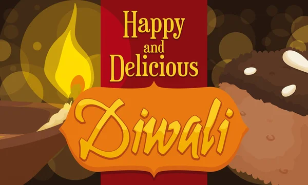 Délicieux Barfi au chocolat et dessert Diya pour la célébration de Diwali, illustration vectorielle — Image vectorielle