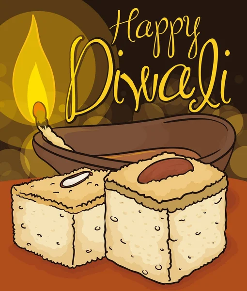 Dessert Barfi traditionnel et Diya illuminé pour célébrer Diwali, Illustration vectorielle — Image vectorielle