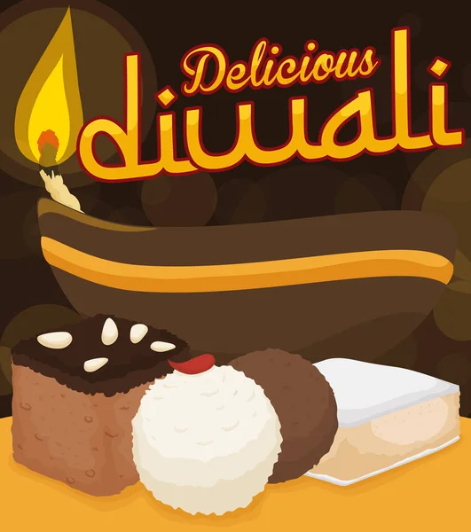 Traditional Set of Desserts and Lighted Diyah for Diwali Celebration, Vector Illustration — Stock Vector