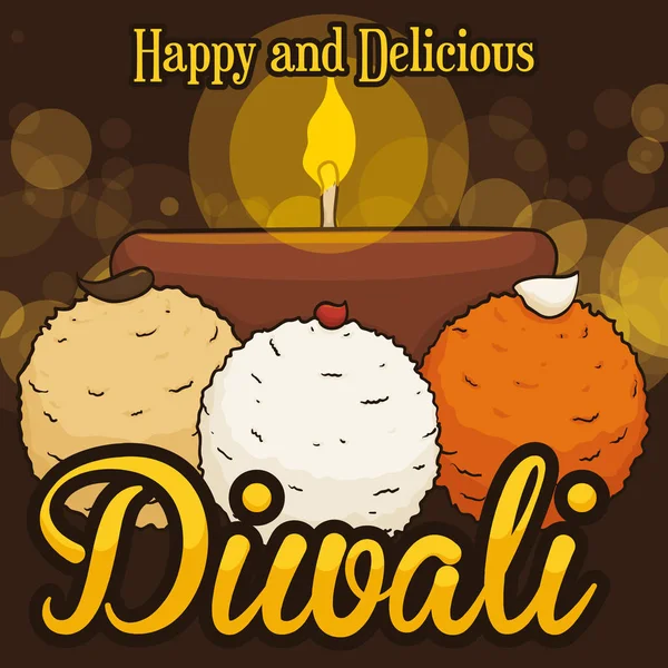 Laddu νόστιμα επιδόρπια και Diyah για τον εορτασμό Diwali, εικονογράφηση διάνυσμα — Διανυσματικό Αρχείο
