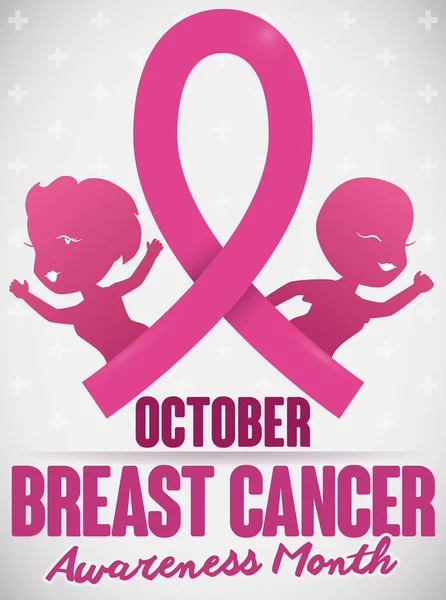 乳房癌の日、ピンクのリボンの後ろにかわいい女性シルエット ベクトル イラスト — ストックベクタ