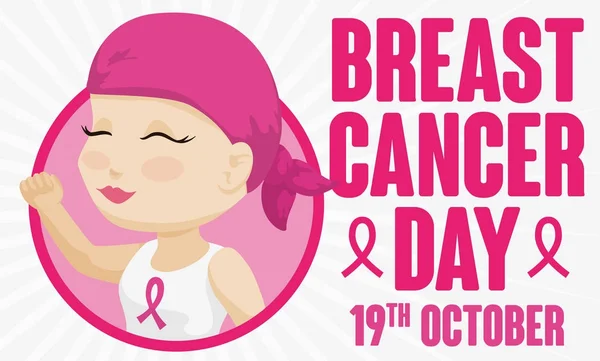Söt kvinna med huvudduk firar månad mot bröstcancer: oktober, vektor Illustration — Stock vektor