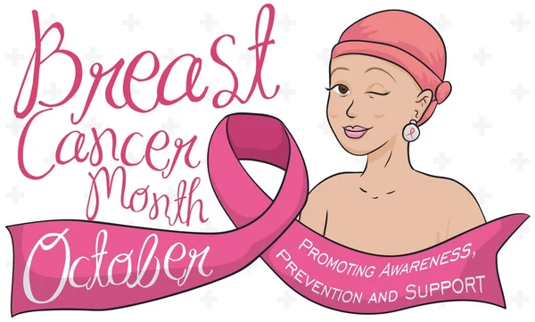 Γυναίκα με μαντίλα και κορδέλα γιορτάζει μήνας συνειδητοποίησης καρκίνου του μαστού, εικονογράφηση διάνυσμα — Διανυσματικό Αρχείο