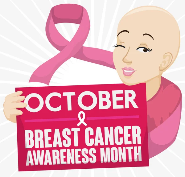 ハゲの女性とピンク リボン推進乳癌意識月、ベクトル イラスト — ストックベクタ