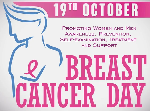 Männersilhouette mit rosa Schleife zum Tag des Brustkrebses, Vektorillustration — Stockvektor