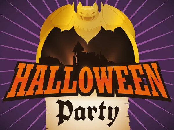 Золотий Bat з видом на замок та прокручування для Halloween Party, Векторні ілюстрації — стоковий вектор