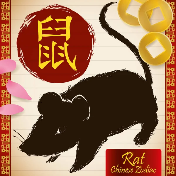 Chinese Zodiac Animal: Rat with Coins and Petals, Vector Illustration (dalam bahasa Inggris). - Stok Vektor