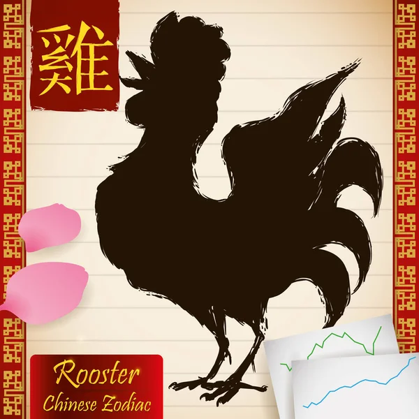 Animal Zodiaque Chinois : Coq avec Statistiques Papiers et Pétales, Illustration vectorielle — Image vectorielle