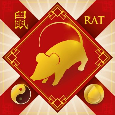 Charm with Chinese Zodiac Rat, Water Element and Yang Symbol, Vector Illustration clipart