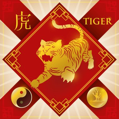 Charm with Chinese Zodiac Tiger, Wood Element and Yang Symbol, Vector Illustration clipart