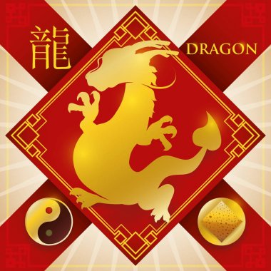 Charm with Chinese Zodiac Dragon, Earth Element and Yang Symbol, Vector Illustration clipart