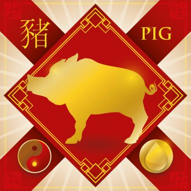 Charm with Chinese Zodiac Pig, Water Element and Yin Symbol, Vector Illustration clipart
