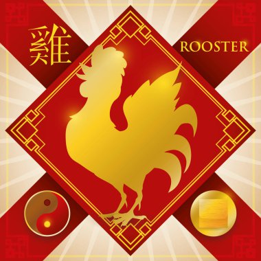 Charm with Chinese Zodiac Rooster, Metal Element and Yin Symbol, Vector Illustration clipart