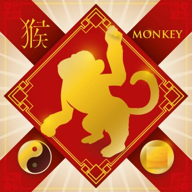 Charm with Chinese Zodiac Monkey, Metal Element and Yang Symbol, Vector Illustration clipart