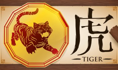 Scroll with Medal with Chinese Zodiac Tiger over Wooden Background, Vector Illustration clipart
