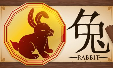 Scroll with Medal with Chinese Zodiac Rabbit over Wooden Background, Vector Illustration clipart