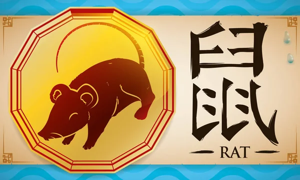 Scroll met medaille en Chinese dierenriem Rat op waterige achtergrond, vectorillustratie — Stockvector