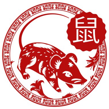 Chinese Button with Zodiac Animal: Rat and Lilies Around it, Vector Illustration clipart