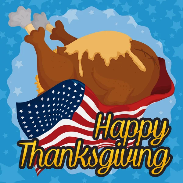 Νόστιμη γαλοπούλα για Thanksviging δείπνο που καλύπτεται με αμερικανική σημαία, εικονογράφηση διάνυσμα — Διανυσματικό Αρχείο