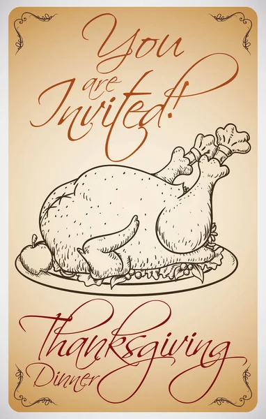 邀请土耳其在手绘风格的感恩节晚餐, 矢量插图 — 图库矢量图片