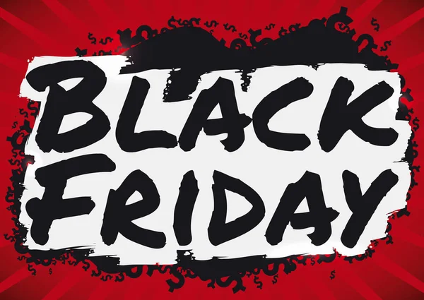Donkere geldsymbolen en penseelstreek teken voor Black Friday verkopen, vectorillustratie — Stockvector