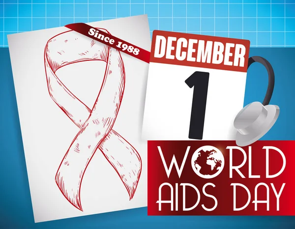 Nastro, promemoria e stetoscopio disegnati a mano per la Giornata Mondiale dell'AIDS, Illustrazione vettoriale — Vettoriale Stock