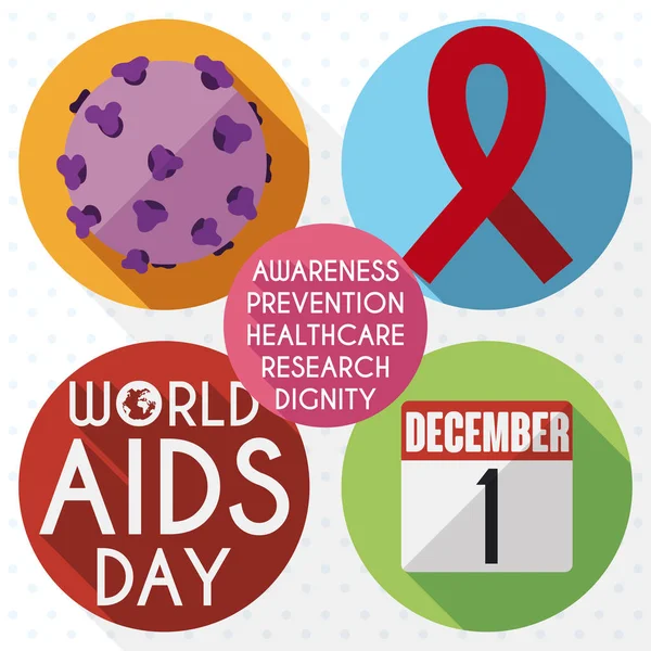 Icone commemorative nei pulsanti per la celebrazione della Giornata Mondiale dell'AIDS, Illustrazione vettoriale — Vettoriale Stock