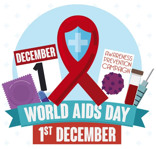 Nastro rosso, calendario e metodi di protezione nella celebrazione della Giornata Mondiale dell'AIDS, illustrazione vettoriale — Vettoriale Stock