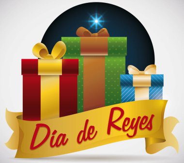 Bir gece, Dia de Reyes, vektör çizim içinde şerit üzerinde hediyeler