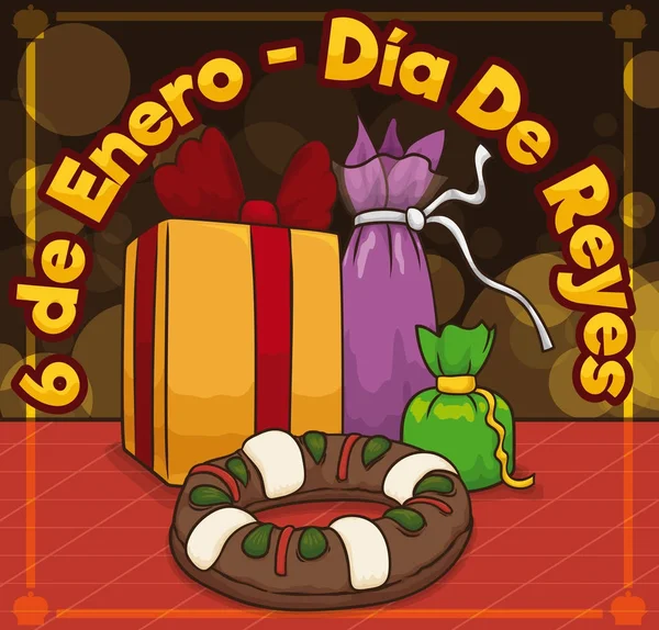 Regali e torta del re nella notte di Dia de Reyes, Illustrazione vettoriale — Vettoriale Stock
