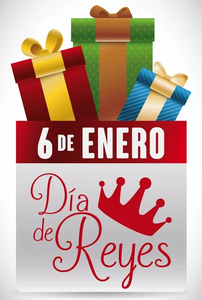 Recordatorio Fecha y Regalos para la Celebración del Día de Reyes Español, Ilustración Vectorial — Archivo Imágenes Vectoriales