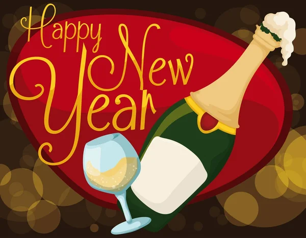 Champanhe e vinho sobre sinal de saudação vermelho para o Ano Novo, ilustração vetorial —  Vetores de Stock