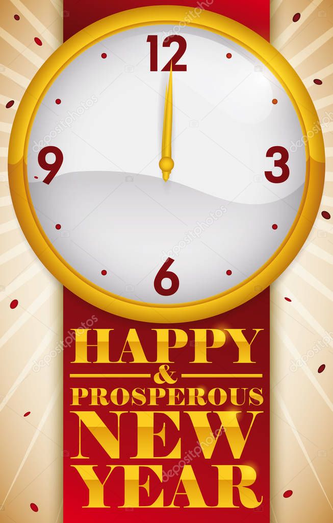 Confetti and Clock Marking the Beginning of the New Year, Vector Illustration