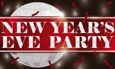 Disko topu, konfeti ve etiket için yeni yıl partisi, vektör çizim gümüş