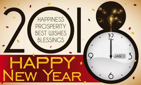 Número 2018, Reloj, Fuegos artificiales y mejores deseos para el año nuevo, ilustración vectorial — Vector de stock