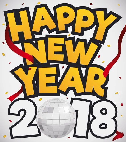 Bola de disco de prata, Confetti e Streamers para a celebração do Ano Novo, Ilustração vetorial — Vetor de Stock