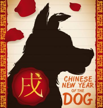 Köpek Brushstroke, gül yaprakları ve yeni yıl, vektör çizim kaşe