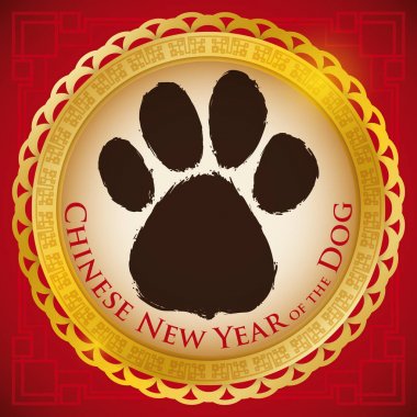 Çin yeni yılı, vektör çizim için köpek yavrusu pençe baskı ile yuvarlak düğmesi