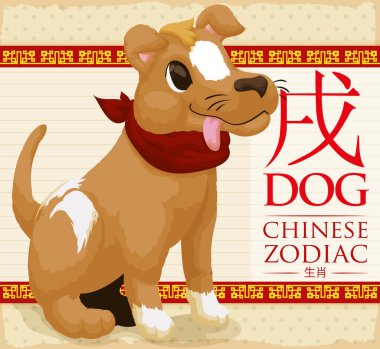 Chinese Zodiac Animal: Cute Dog Wearing a Kerchief, Vector Illustration clipart