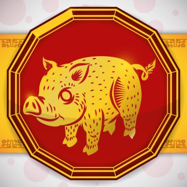 Button with a Golden Pig for Chinese Zodiac, Vector Illustration clipart