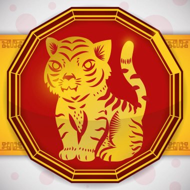 Altın Tiger Çince Zodyak, vektör çizim için düğme