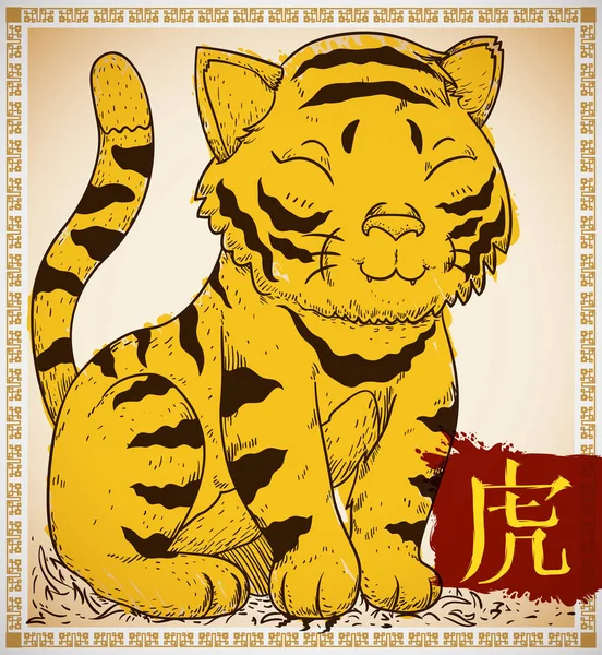 Kézzel rajzolt Tigris és ecsetvonás stílus a kínai zodiákus, vektoros illusztráció — Stock Vector