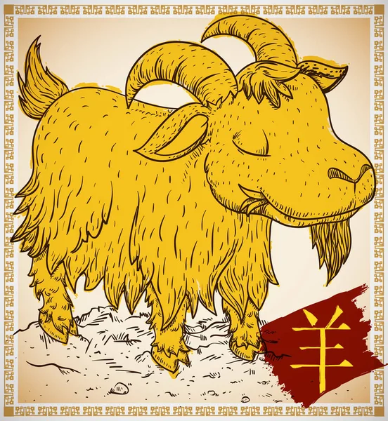 Cabra en estilo dibujado a mano y pincelada para el zodíaco chino, ilustración vectorial — Archivo Imágenes Vectoriales